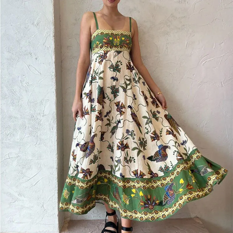 Elegant Simple Floral Print Halter Sleeveless Summer Dress Women's High Waist Ankle Length Commuter Style Polyester Fabric display picture 1