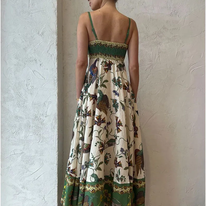 Elegant Simple Floral Print Halter Sleeveless Summer Dress Women's High Waist Ankle Length Commuter Style Polyester Fabric display picture 2