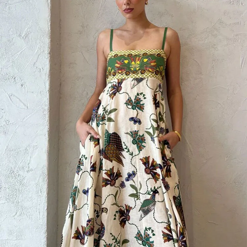 Elegant Simple Floral Print Halter Sleeveless Summer Dress Women's High Waist Ankle Length Commuter Style Polyester Fabric display picture 3