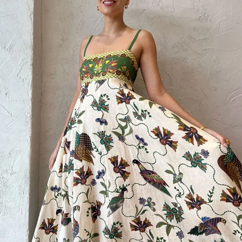 Elegant Simple Floral Print Halter Sleeveless Summer Dress Women's High Waist Ankle Length Commuter Style Polyester Fabric display picture 5