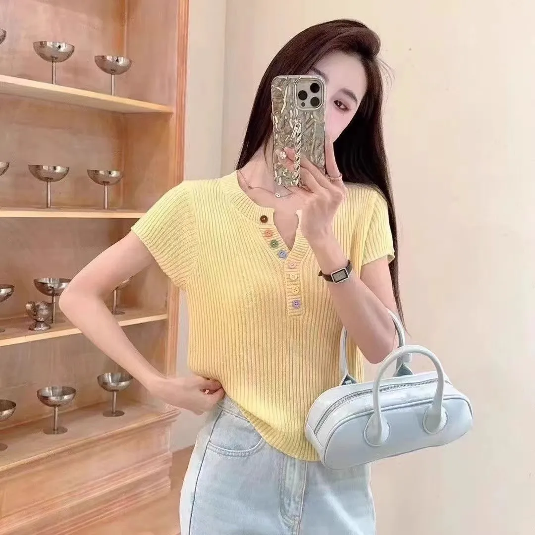 Fashion Slim Fit Short Sleeve T-shirt Women's Button Top Unique Summer Elegance Shirt Effect Polyester Nylon Fabric display picture 5