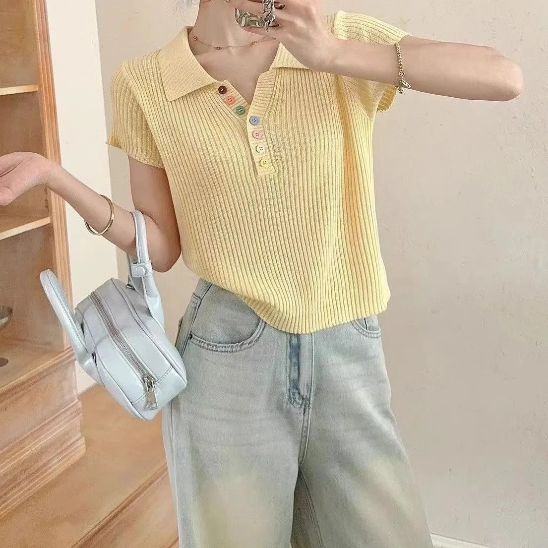 Fashion Slim Fit Short Sleeve T-shirt Women's Button Top Unique Summer Elegance Shirt Effect Polyester Nylon Fabric display picture 1