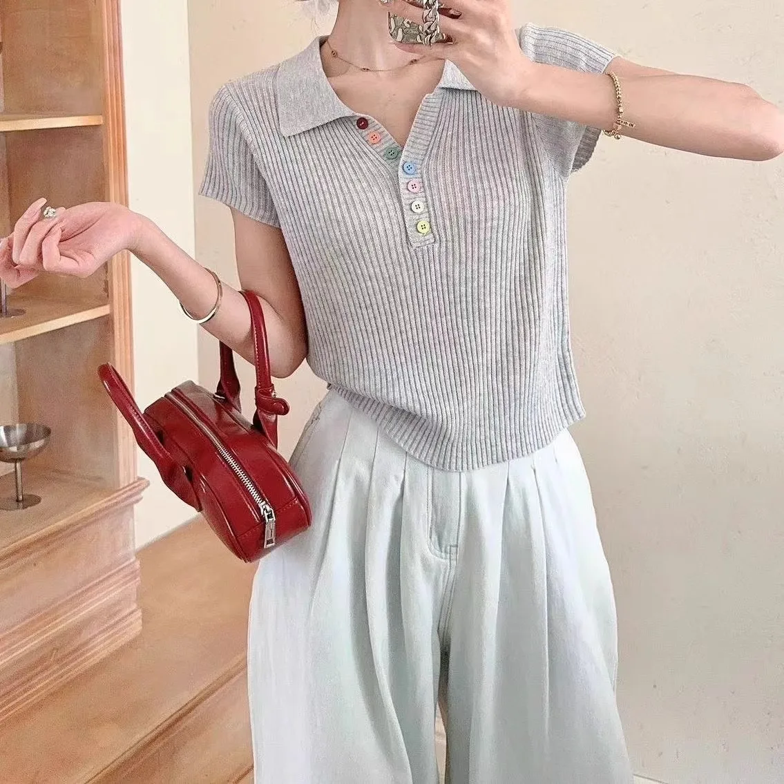 Fashion Slim Fit Short Sleeve T-shirt Women's Button Top Unique Summer Elegance Shirt Effect Polyester Nylon Fabric display picture 2