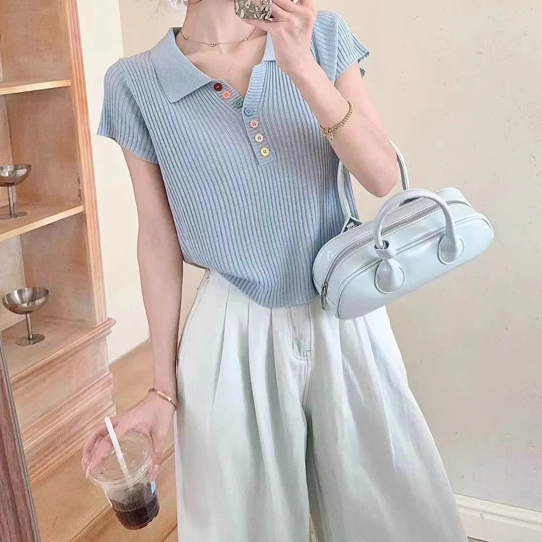 Fashion Slim Fit Short Sleeve T-shirt Women's Button Top Unique Summer Elegance Shirt Effect Polyester Nylon Fabric display picture 4