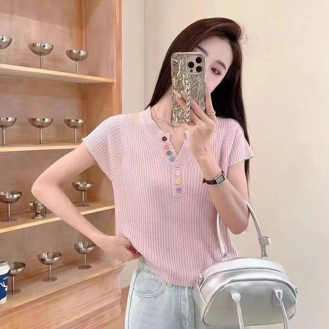 Fashion Slim Fit Short Sleeve T-shirt Women's Button Top Unique Summer Elegance Shirt Effect Polyester Nylon Fabric display picture 6