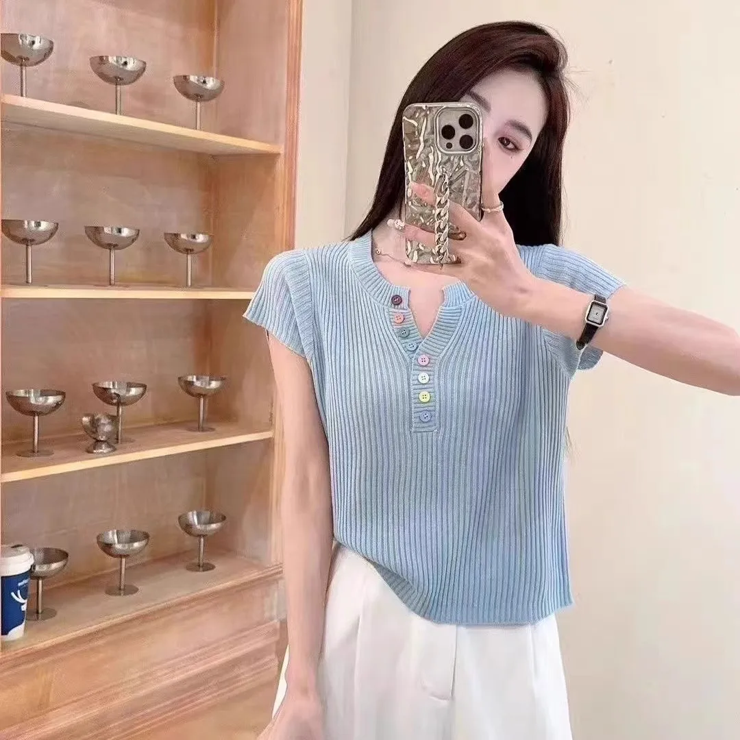 Fashion Slim Fit Short Sleeve T-shirt Women's Button Top Unique Summer Elegance Shirt Effect Polyester Nylon Fabric display picture 7