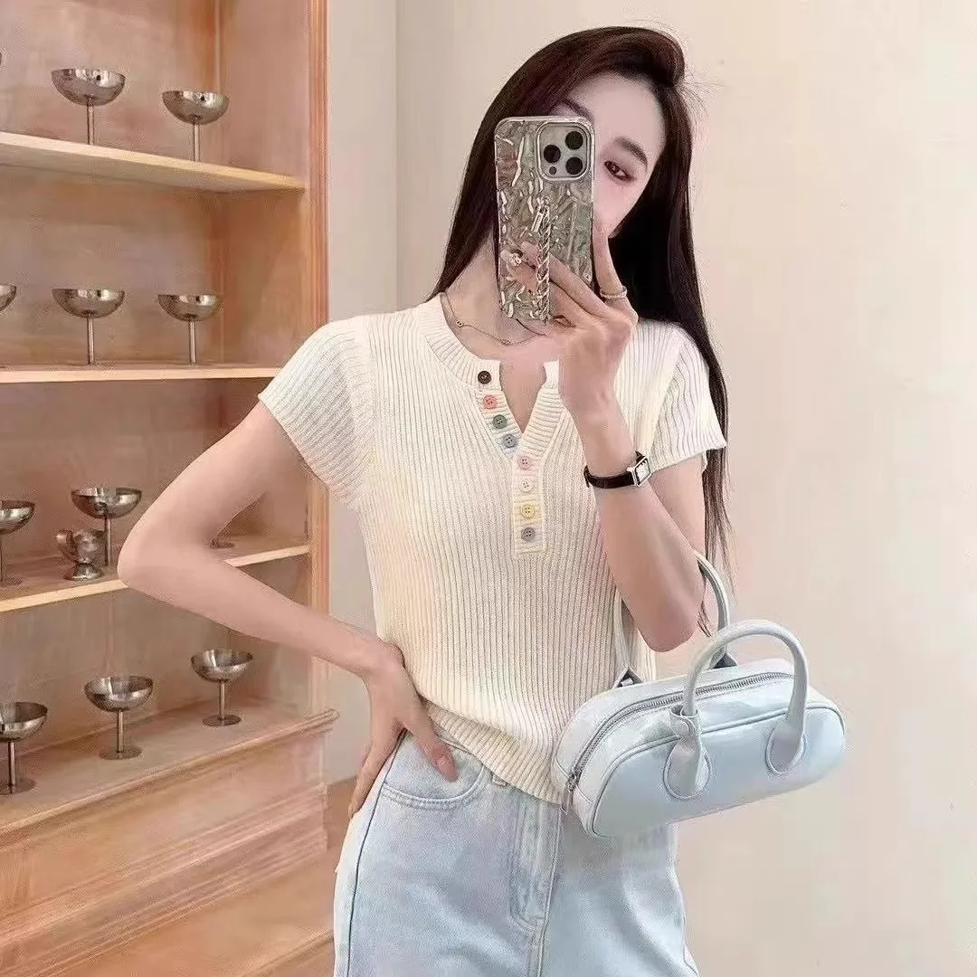 Fashion Slim Fit Short Sleeve T-shirt Women's Button Top Unique Summer Elegance Shirt Effect Polyester Nylon Fabric display picture 8