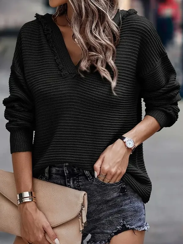 Fashion Hooded Knitted Long-Sleeved Sweater Women's Spring And Autumn New Solid Color Frayed Pullover Casual Style display picture 2