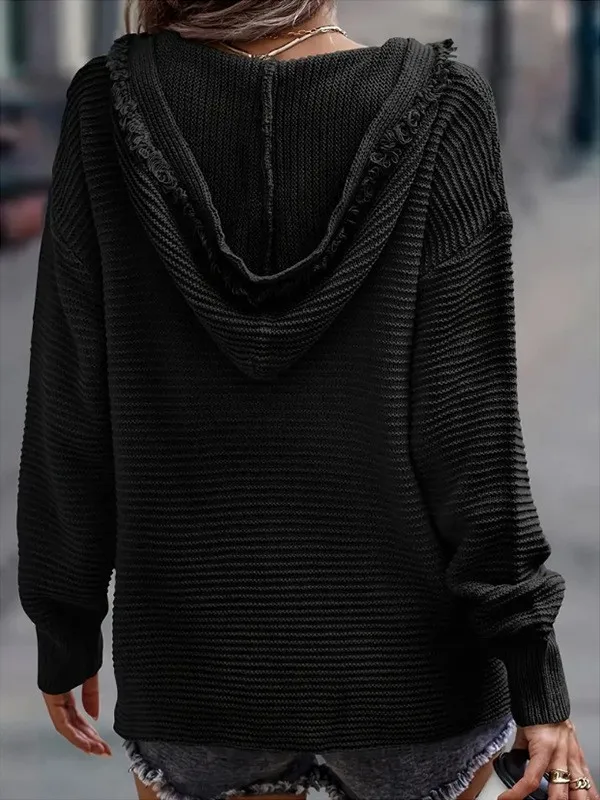 Fashion Hooded Knitted Long-Sleeved Sweater Women's Spring And Autumn New Solid Color Frayed Pullover Casual Style display picture 5