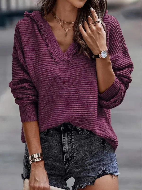 Fashion Hooded Knitted Long-Sleeved Sweater Women's Spring And Autumn New Solid Color Frayed Pullover Casual Style display picture 6