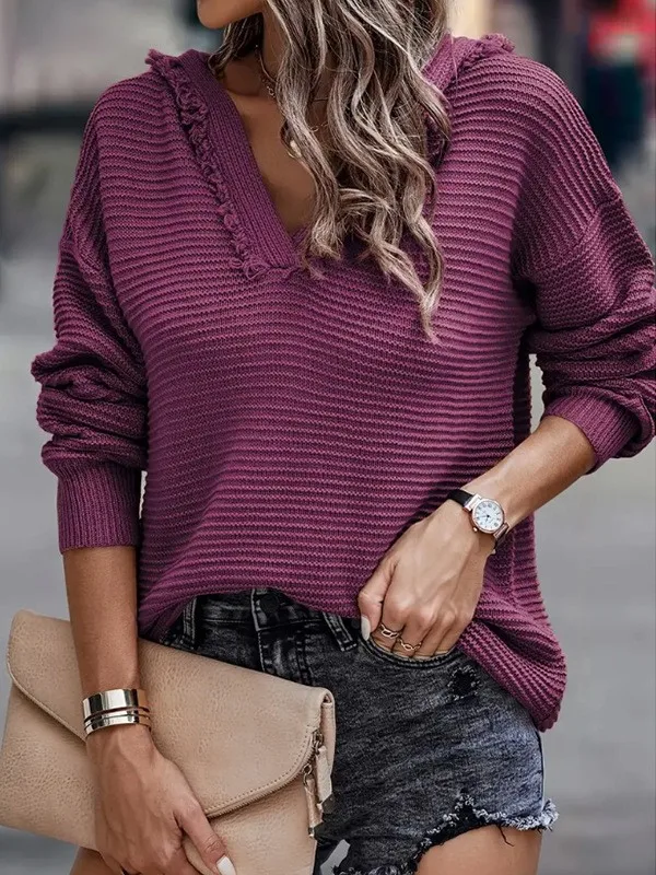 Fashion Hooded Knitted Long-Sleeved Sweater Women's Spring And Autumn New Solid Color Frayed Pullover Casual Style display picture 8