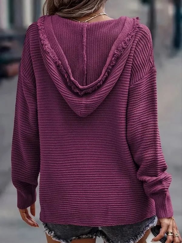 Fashion Hooded Knitted Long-Sleeved Sweater Women's Spring And Autumn New Solid Color Frayed Pullover Casual Style display picture 9