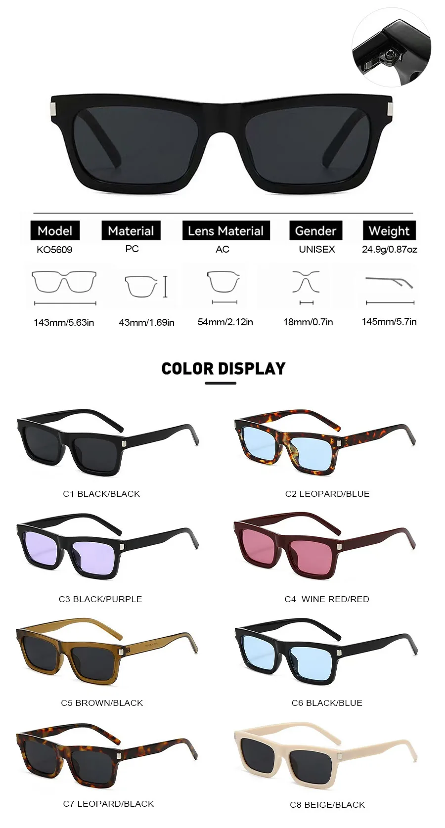 Square Narrow Frame Sunglasses Unisex Driving UV Protection Fashionable Black Full Frame Glasses For Men And Women display picture 4