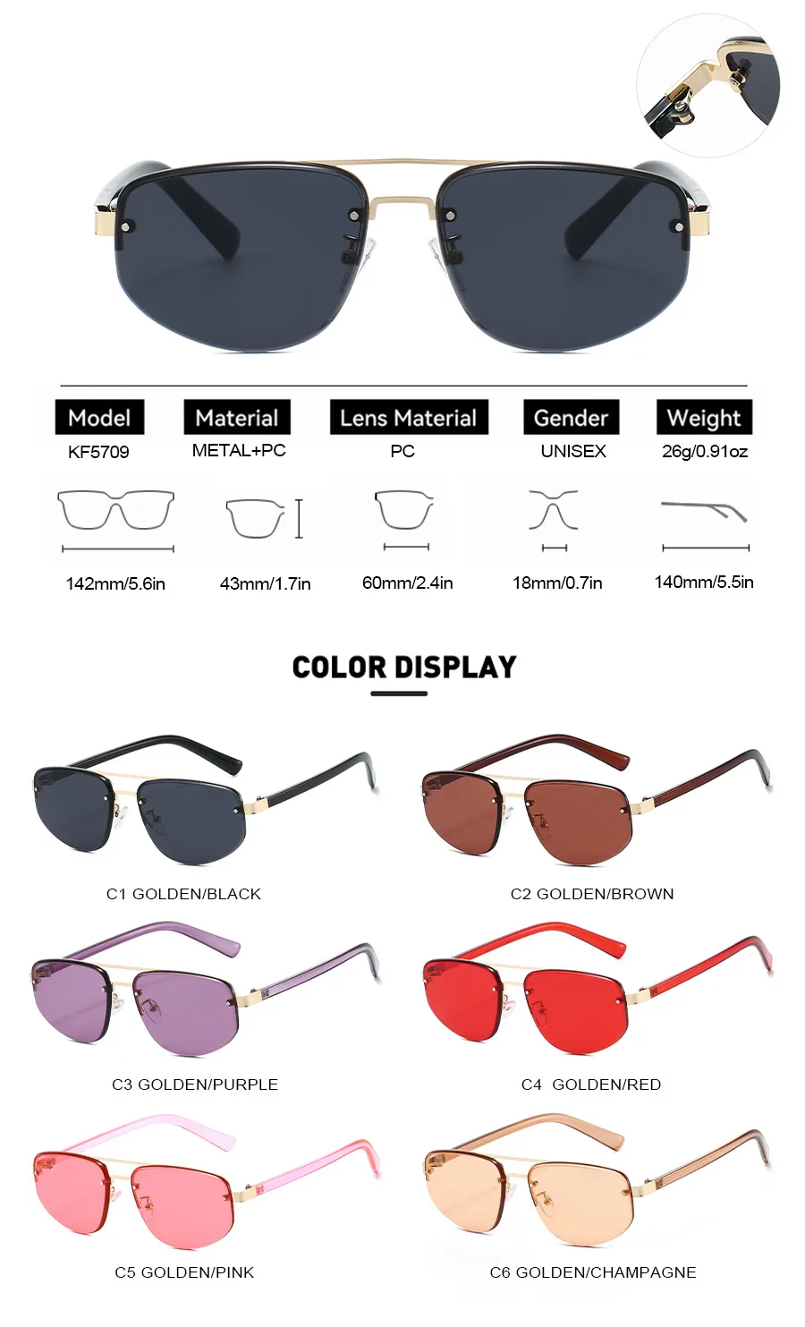 New Advanced Metal Frog Eyes Sunglasses Unisex Anti-Uv Street Fashion Pilot Style Half Frame Travel And Fishing Special Sun Glasses display picture 4