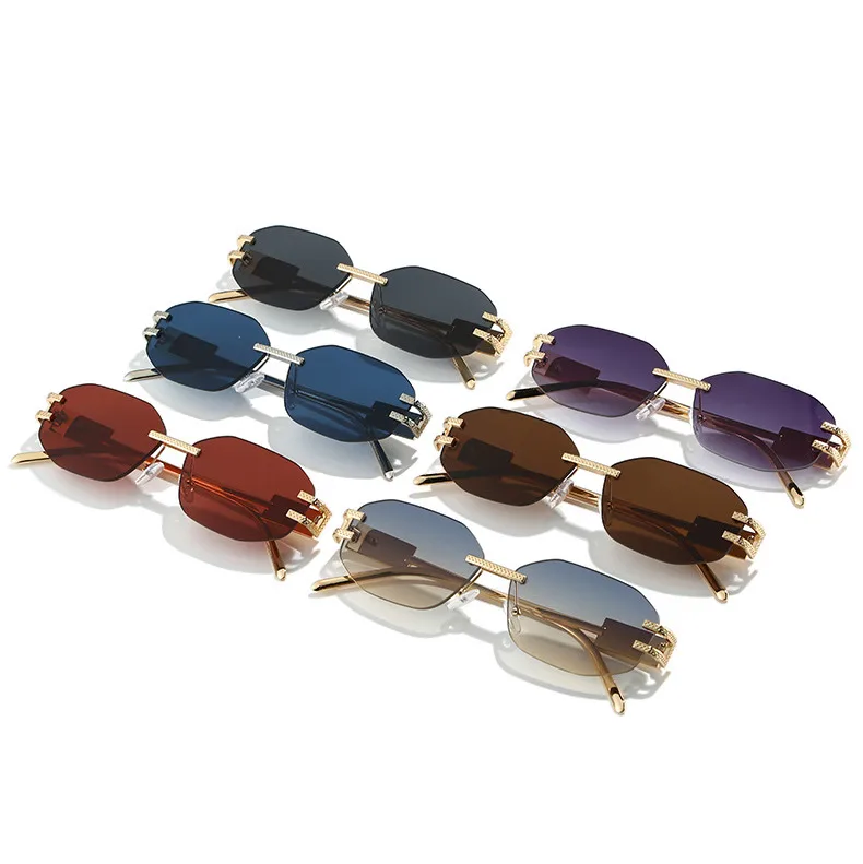 Unisex Fashionable Metal Frameless Sunglasses Square Shape Anti-Reflective PC Lens Travel Fishing Special Use Grey Gold Color display picture 2