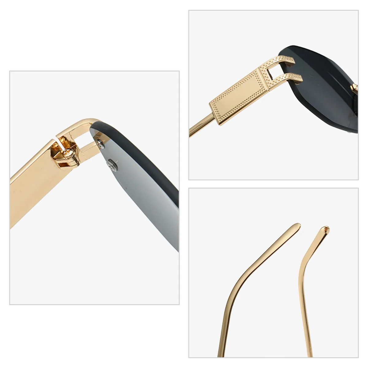 Unisex Fashionable Metal Frameless Sunglasses Square Shape Anti-Reflective PC Lens Travel Fishing Special Use Grey Gold Color display picture 3