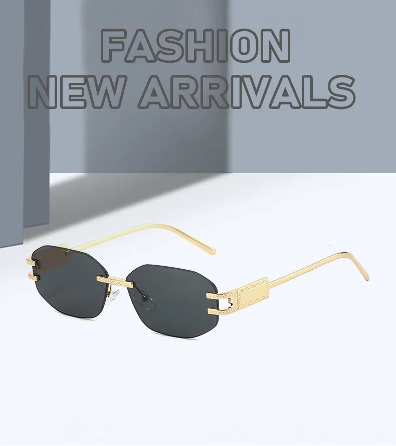 Unisex Fashionable Metal Frameless Sunglasses Square Shape Anti-Reflective PC Lens Travel Fishing Special Use Grey Gold Color display picture 1