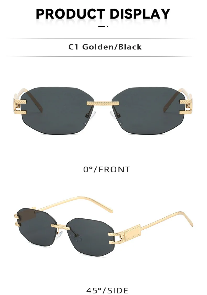 Unisex Fashionable Metal Frameless Sunglasses Square Shape Anti-Reflective PC Lens Travel Fishing Special Use Grey Gold Color display picture 5