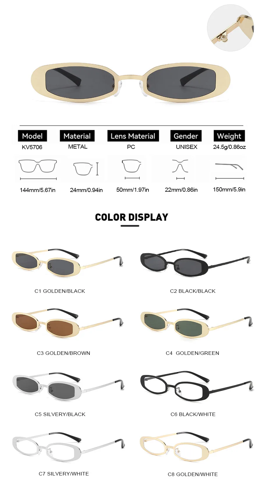 New Fashionable Oval Metal Sunglasses Small Frame UV Protection Personality Sunscreen Retro Style Unisex Travel Fishing Special display picture 3
