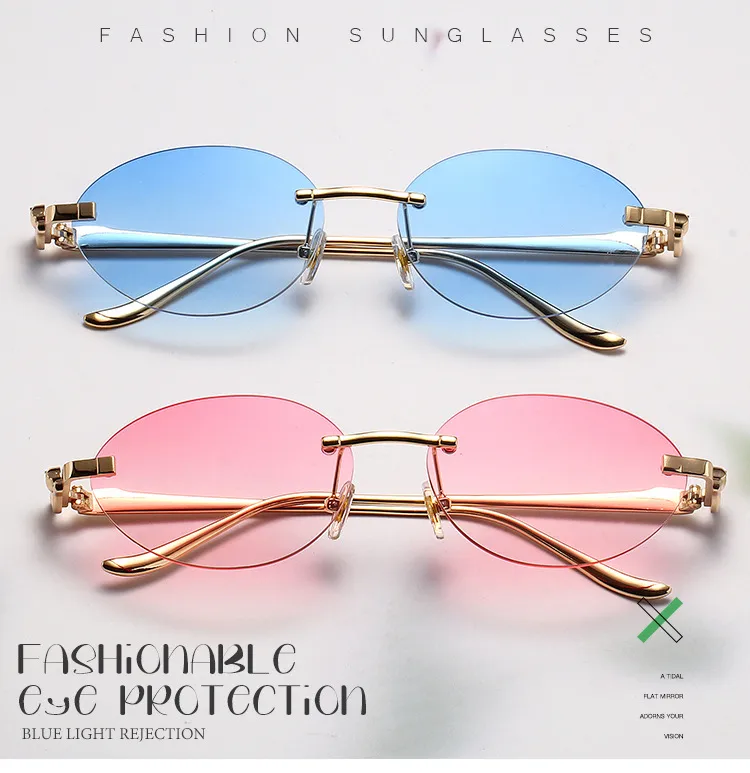 New  Trendy Oval Frameless Sunglasses Personality Hip Hop Eyeglasses Unisex Travel Grey And Gold PC Lens display picture 1