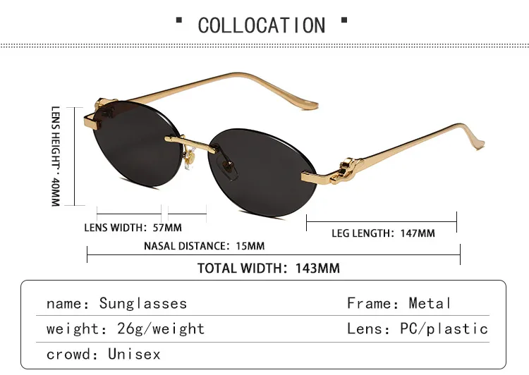 New  Trendy Oval Frameless Sunglasses Personality Hip Hop Eyeglasses Unisex Travel Grey And Gold PC Lens display picture 5
