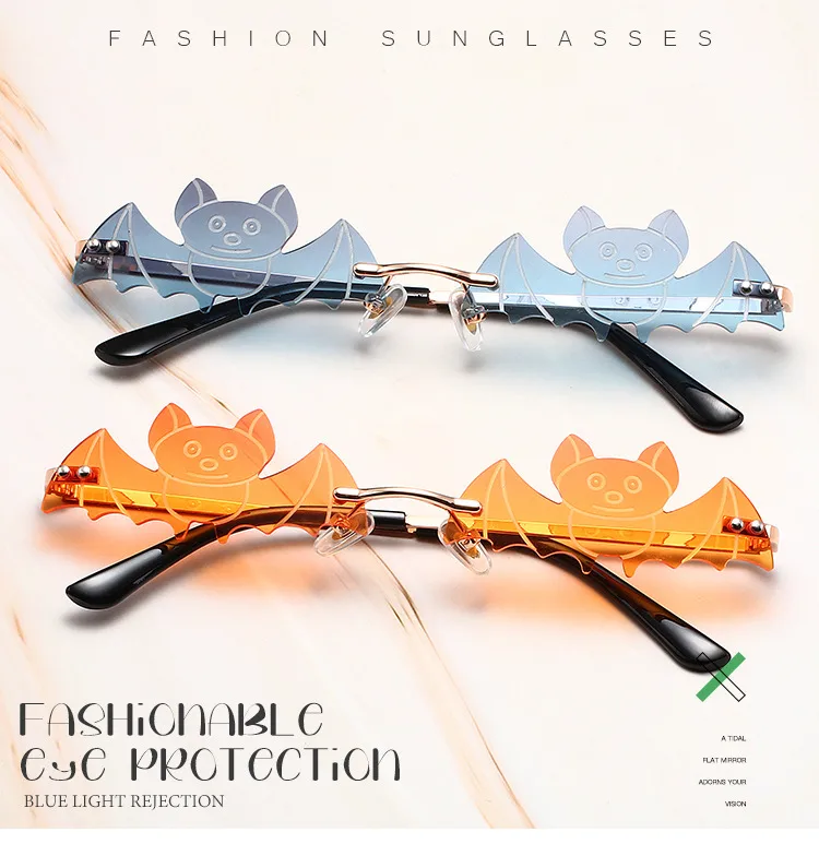 Cool Fashionable Metal Bat Shape Sunglasses Unisex Street Style Party Glasses Grey And Gold Frameless Asymmetric Design display picture 1