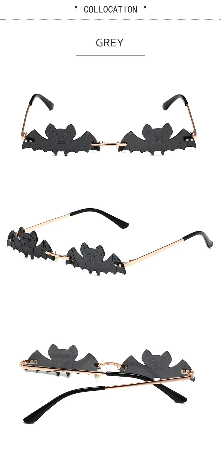 Cool Fashionable Metal Bat Shape Sunglasses Unisex Street Style Party Glasses Grey And Gold Frameless Asymmetric Design display picture 7