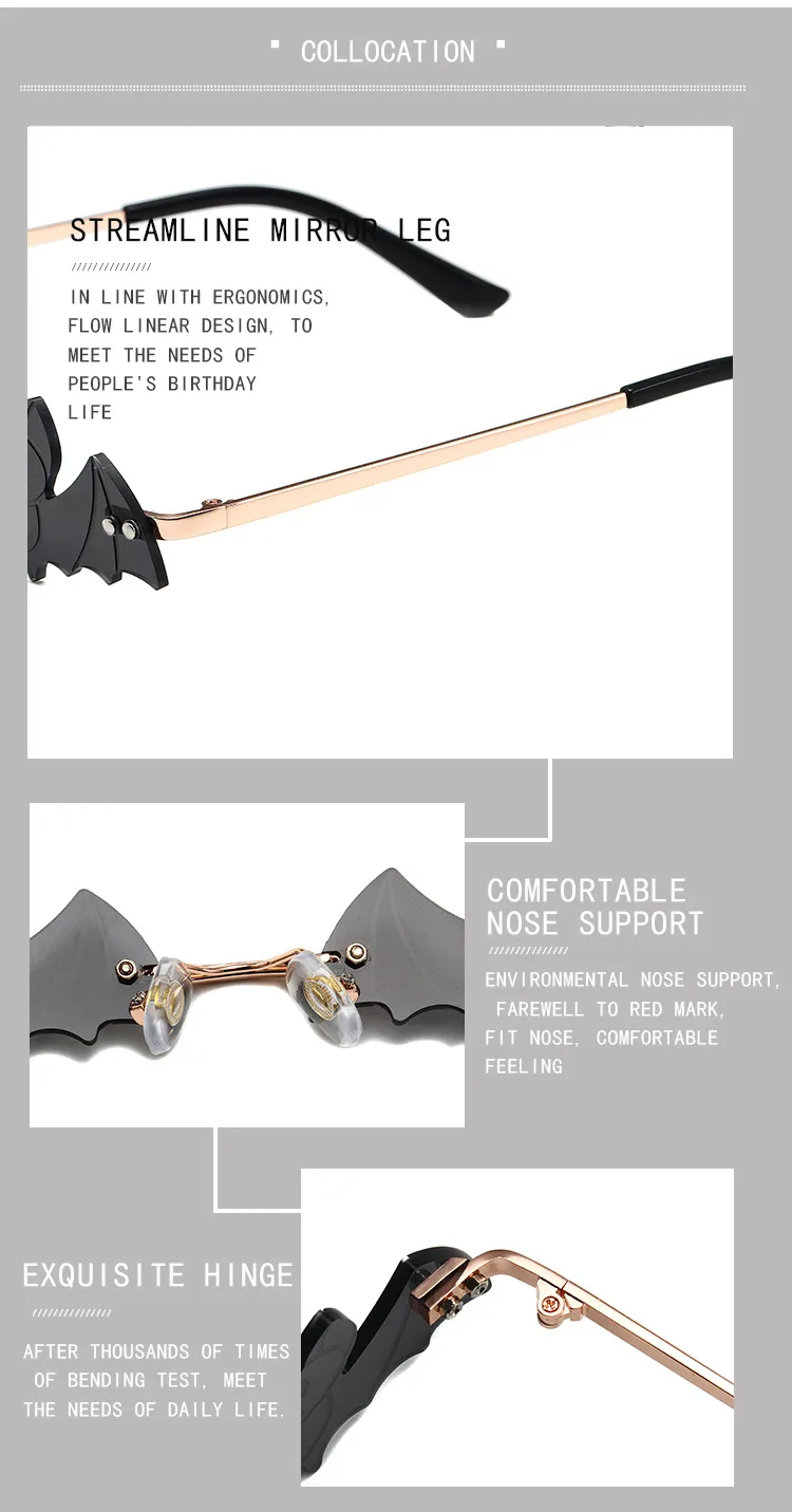 Cool Fashionable Metal Bat Shape Sunglasses Unisex Street Style Party Glasses Grey And Gold Frameless Asymmetric Design display picture 18