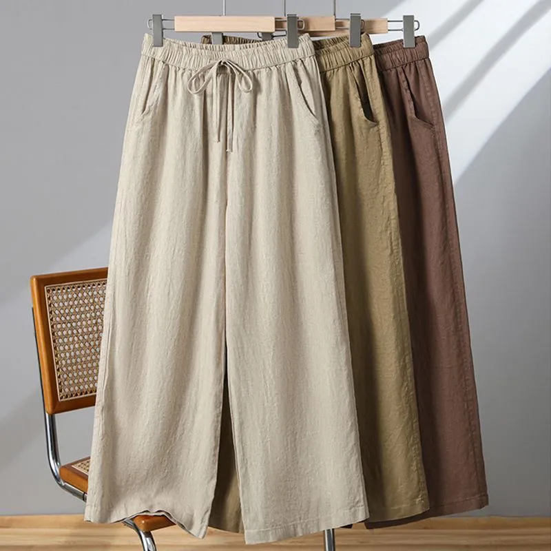 Khaki Cotton Linen Wide Leg Pants Women's Loose Casual Straight Cut Trousers Autumn Spring Season High Waist Nine Point Length display picture 1