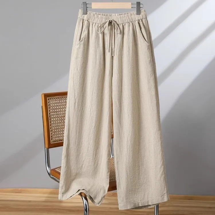 Khaki Cotton Linen Wide Leg Pants Women's Loose Casual Straight Cut Trousers Autumn Spring Season High Waist Nine Point Length display picture 2