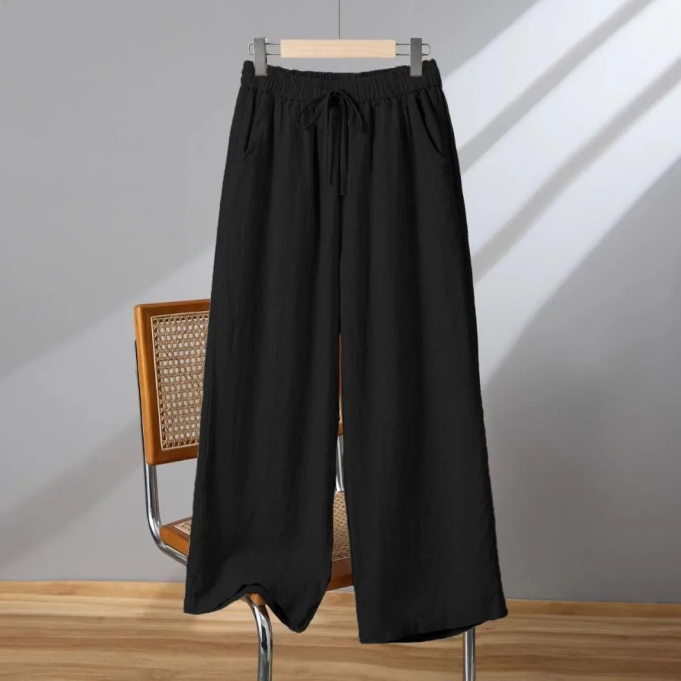 Khaki Cotton Linen Wide Leg Pants Women's Loose Casual Straight Cut Trousers Autumn Spring Season High Waist Nine Point Length display picture 3