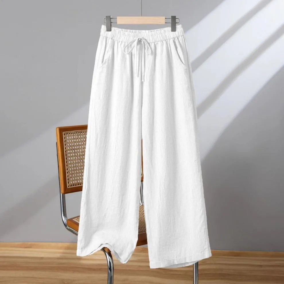 Khaki Cotton Linen Wide Leg Pants Women's Loose Casual Straight Cut Trousers Autumn Spring Season High Waist Nine Point Length display picture 4