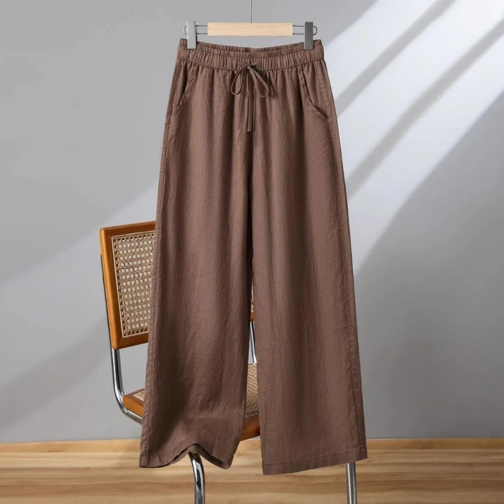 Khaki Cotton Linen Wide Leg Pants Women's Loose Casual Straight Cut Trousers Autumn Spring Season High Waist Nine Point Length display picture 6