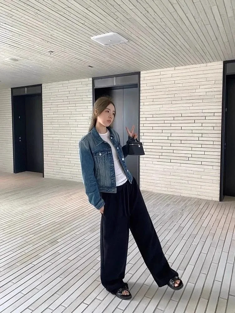 Blue Vintage Denim Jacket Spring Autumn Loose Casual Washed Collar Long Sleeve Women's Fashionable Top Bubble Sleeve Print display picture 2