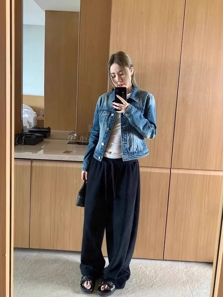 Blue Vintage Denim Jacket Spring Autumn Loose Casual Washed Collar Long Sleeve Women's Fashionable Top Bubble Sleeve Print display picture 5