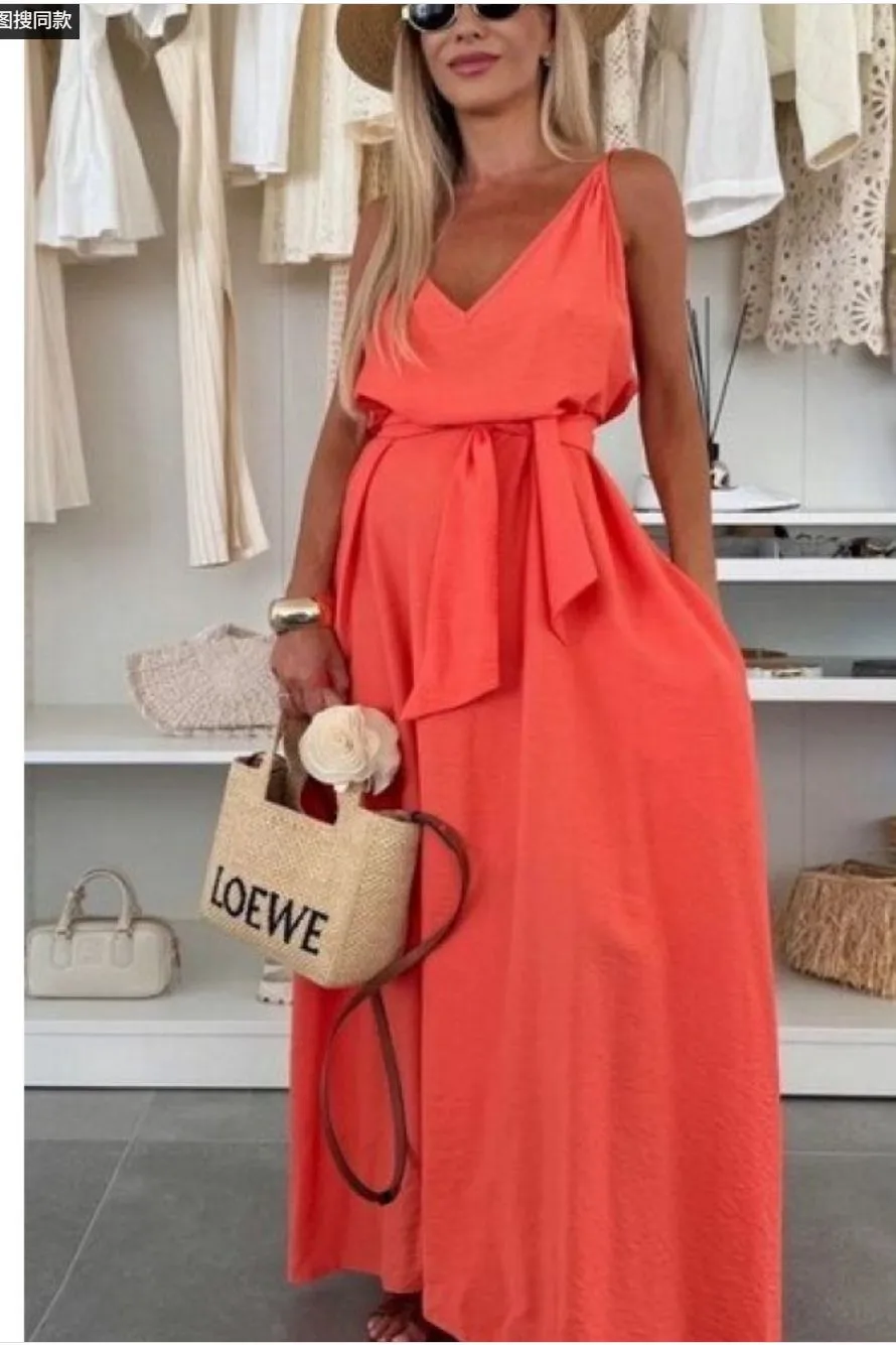 Women's Pure Color Butterfly Knot Belted Dress Casual Long Gown European Style V-neck Sleeveless Ankle-length Full Skirt display picture 3