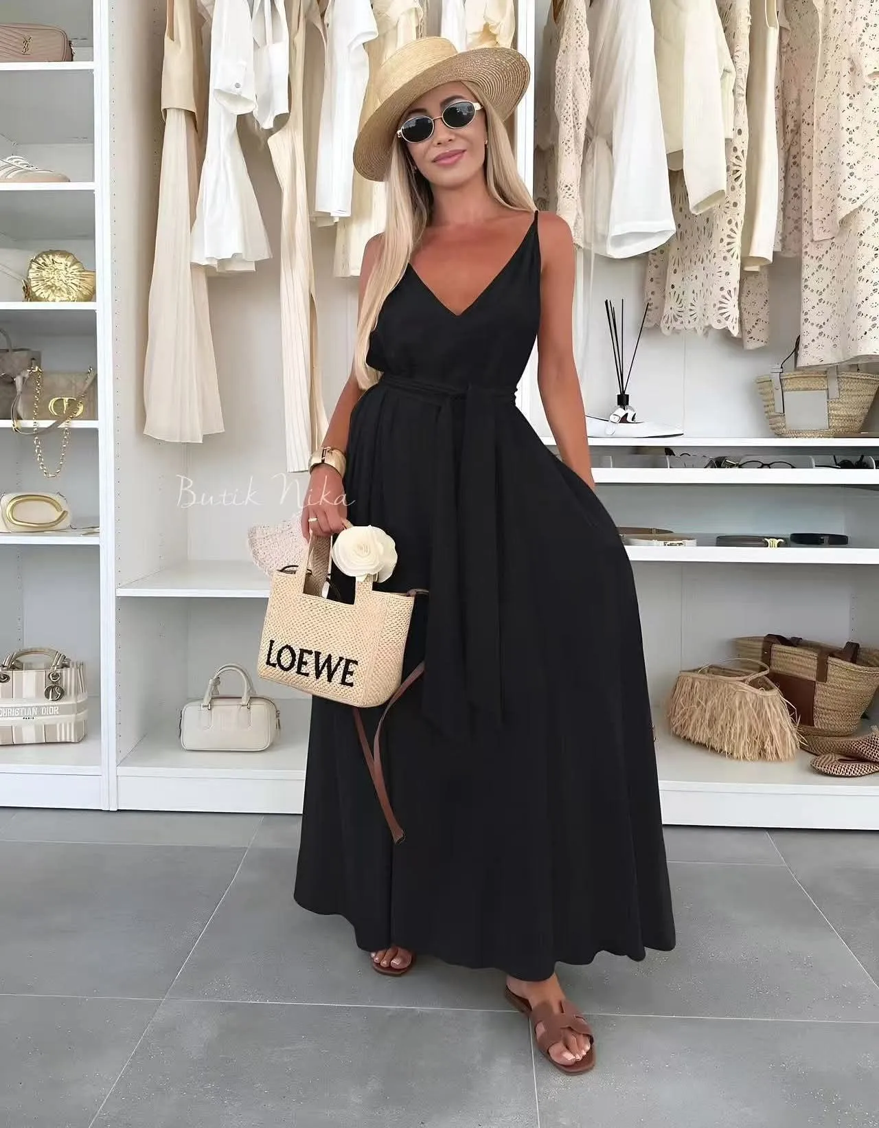 Women's Pure Color Butterfly Knot Belted Dress Casual Long Gown European Style V-neck Sleeveless Ankle-length Full Skirt display picture 4