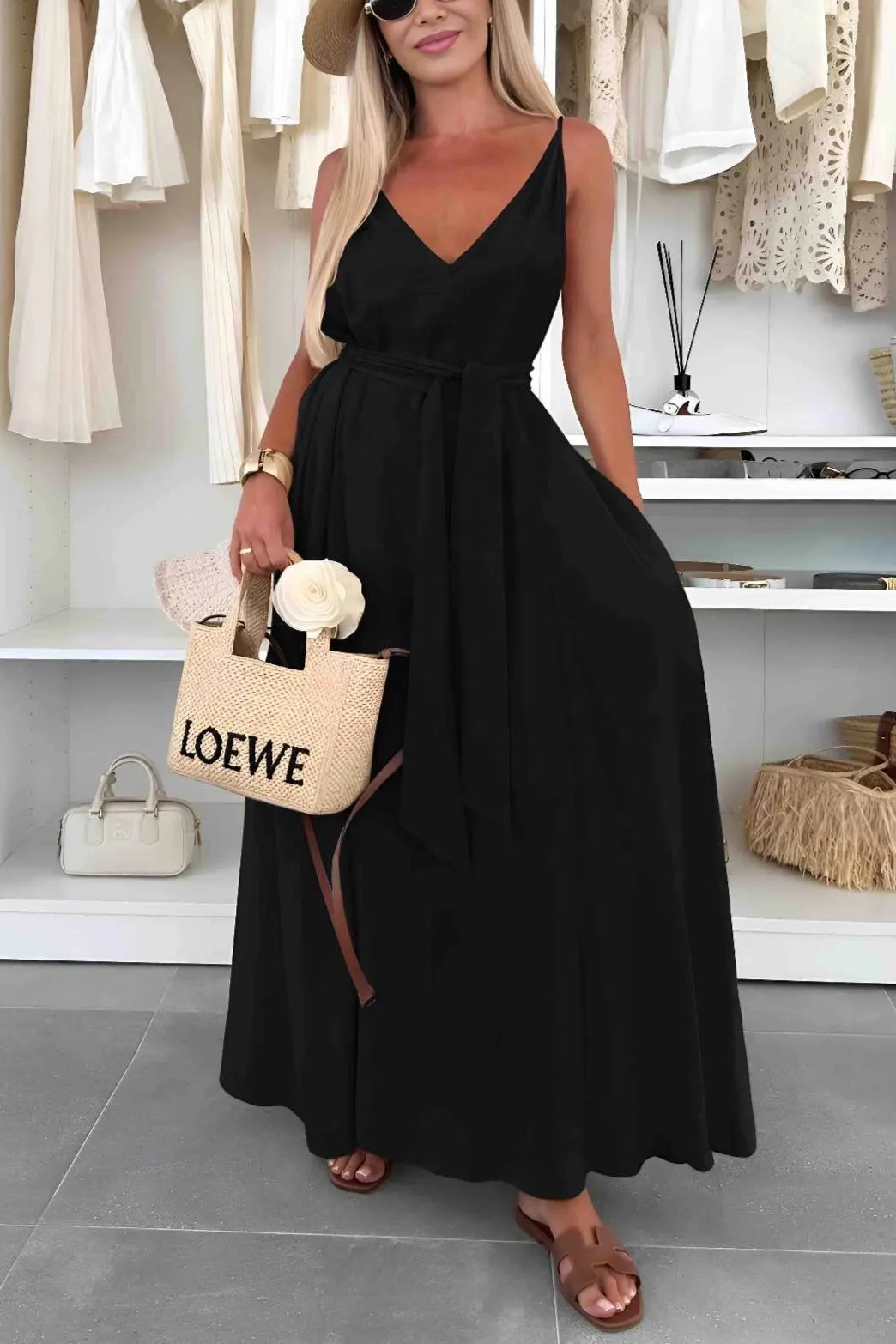 Women's Pure Color Butterfly Knot Belted Dress Casual Long Gown European Style V-neck Sleeveless Ankle-length Full Skirt display picture 5