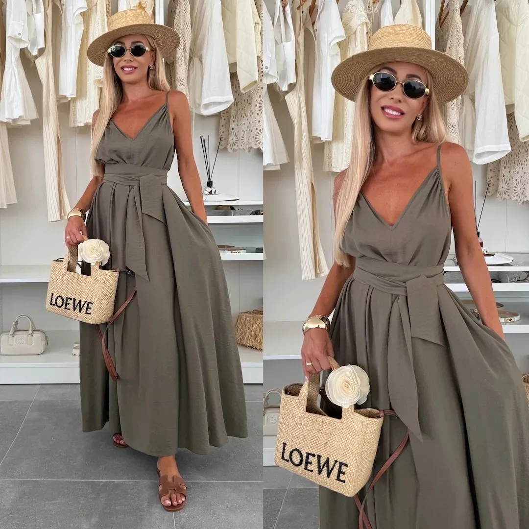 Women's Pure Color Butterfly Knot Belted Dress Casual Long Gown European Style V-neck Sleeveless Ankle-length Full Skirt display picture 6