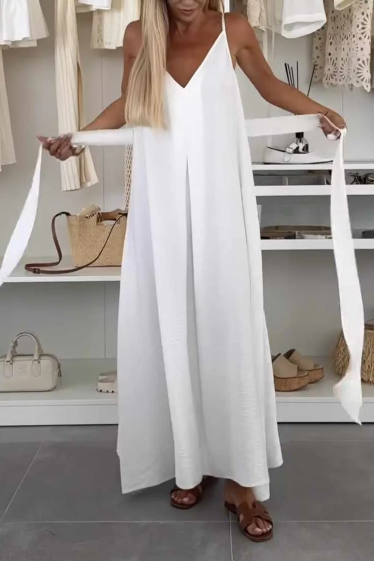 Women's Pure Color Butterfly Knot Belted Dress Casual Long Gown European Style V-neck Sleeveless Ankle-length Full Skirt display picture 11