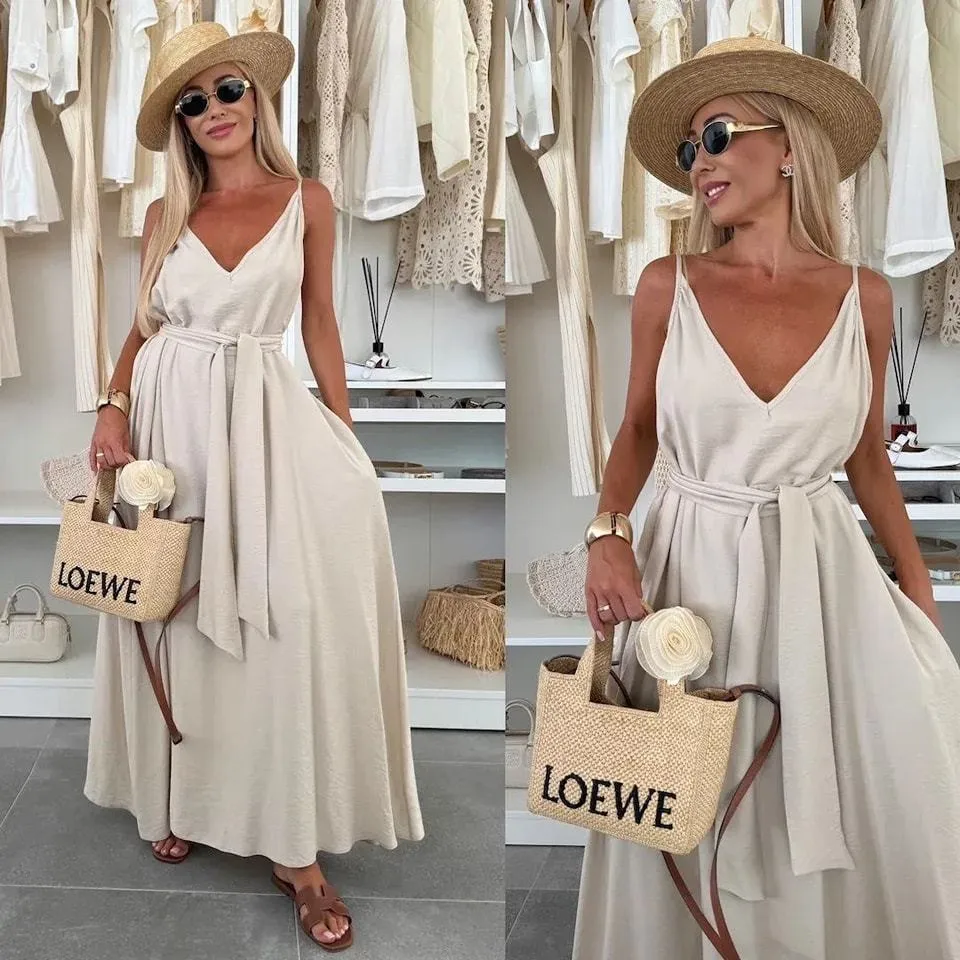 Women's Pure Color Butterfly Knot Belted Dress Casual Long Gown European Style V-neck Sleeveless Ankle-length Full Skirt display picture 12