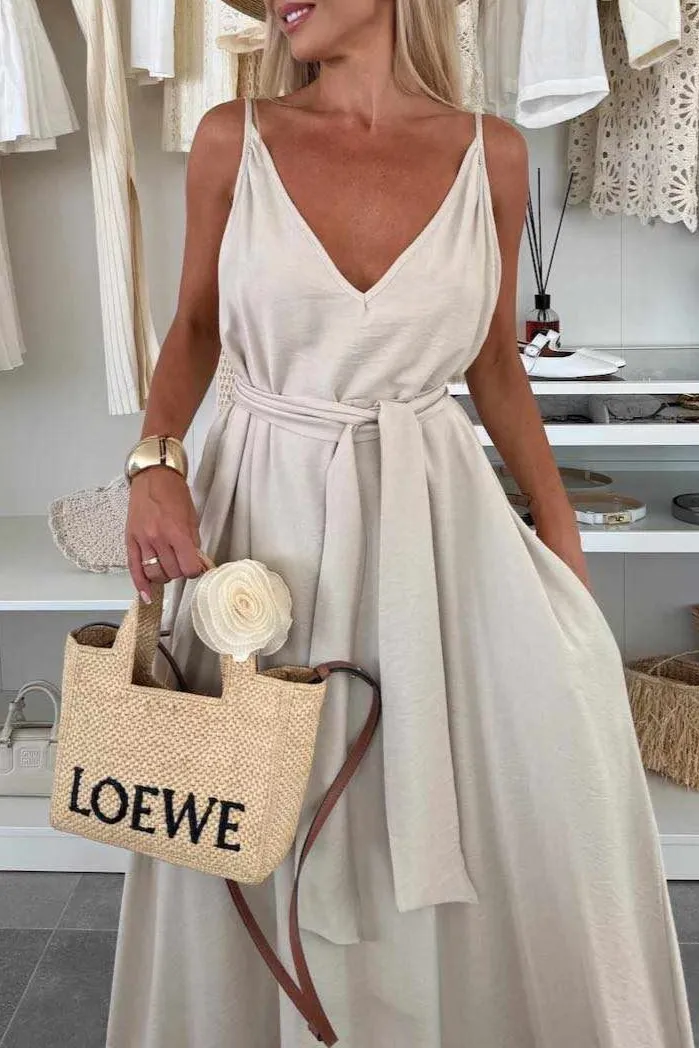 Women's Pure Color Butterfly Knot Belted Dress Casual Long Gown European Style V-neck Sleeveless Ankle-length Full Skirt display picture 13