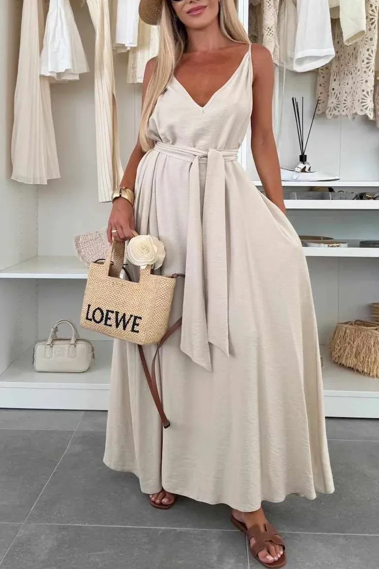 Women's Pure Color Butterfly Knot Belted Dress Casual Long Gown European Style V-neck Sleeveless Ankle-length Full Skirt display picture 14