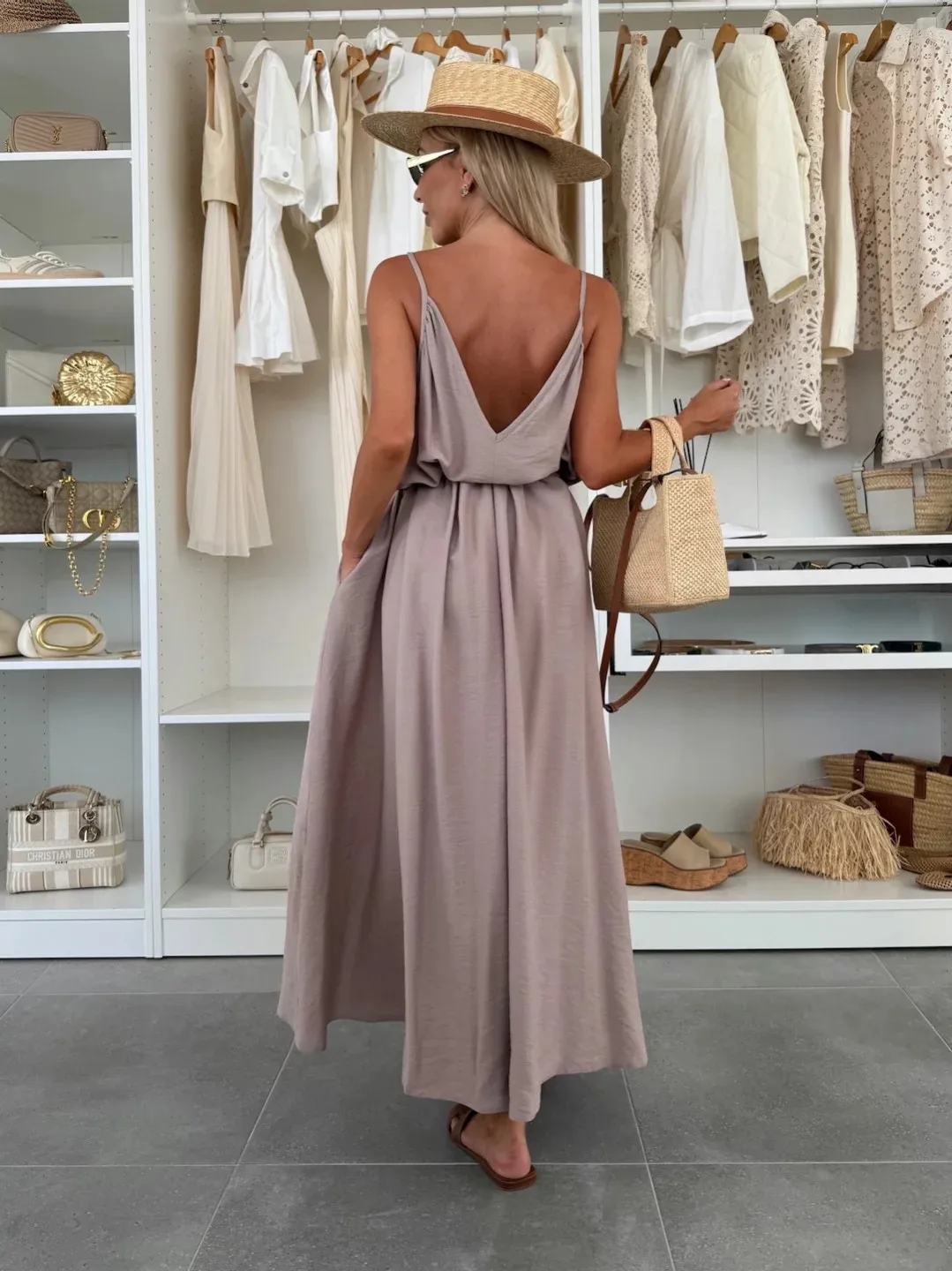 Women's Pure Color Butterfly Knot Belted Dress Casual Long Gown European Style V-neck Sleeveless Ankle-length Full Skirt display picture 16