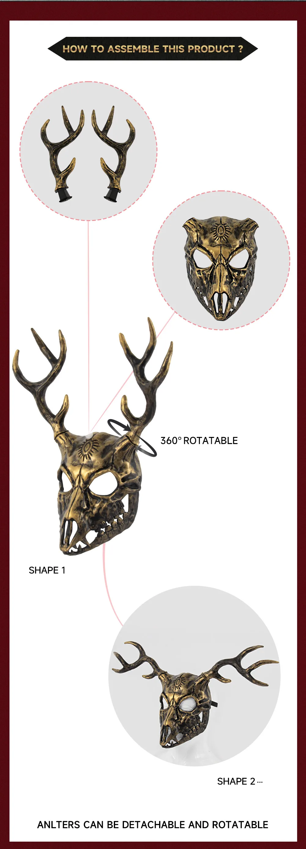 Removable RP Sheep Bone Deer Antler Mask Halloween Cosplay Accessory Alien Role Props Rubber Injection Molding Craft display picture 6
