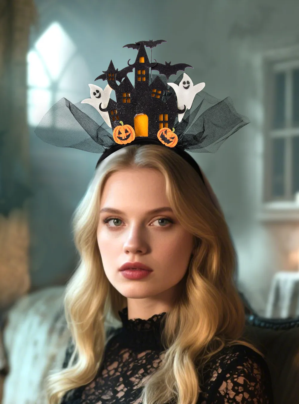 New Halloween Ghost Castle 3D White Electronic Glowing Headband Ghost Pumpkin Hair Accessory Costume Props Plastic Handmade display picture 1