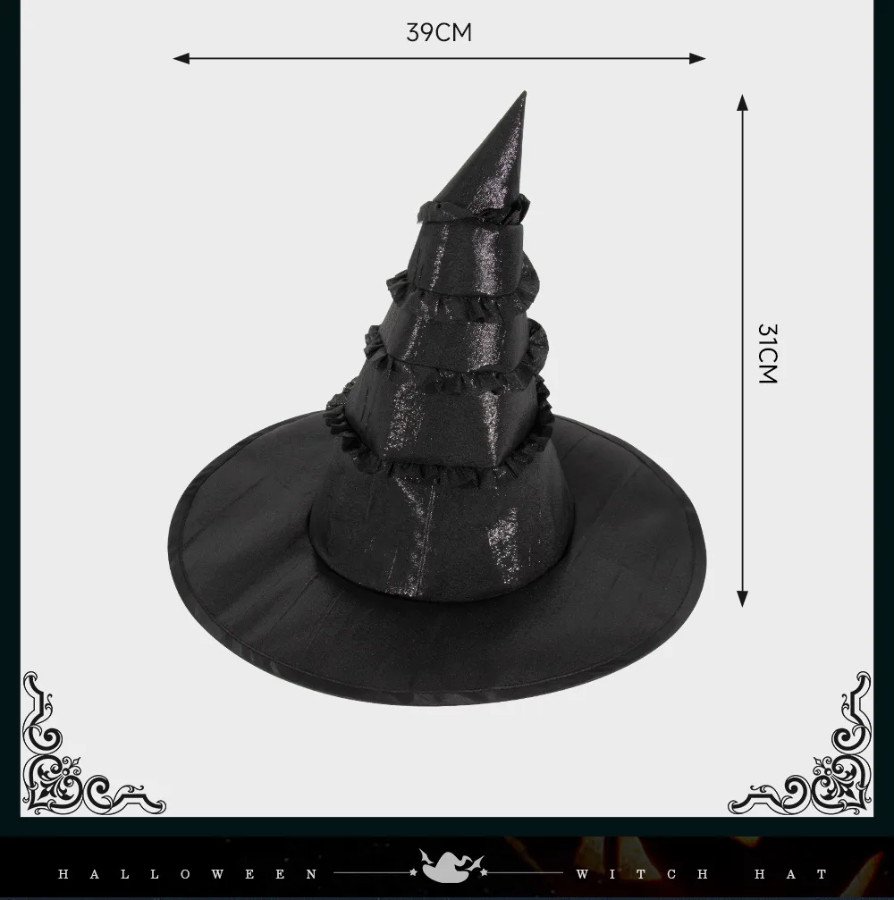 New Halloween Black Witch Hat Lace Trim Pleated Edge Personalized Dark Witch Cap Festival Costume Accessories Props Handmade display picture 3