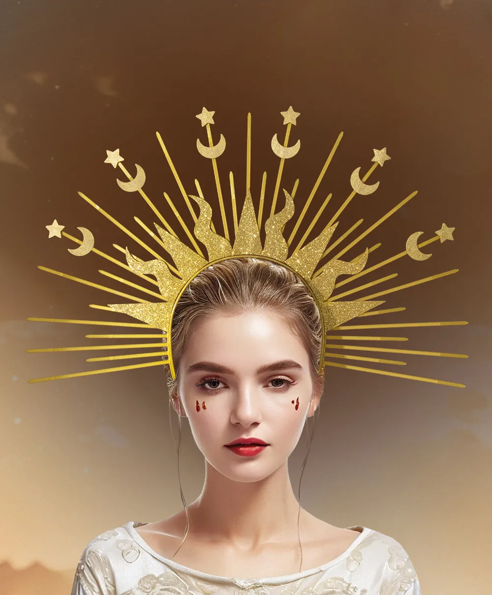 Golden Goddess Sun Moon Star Combination Hair Accessories  Style Fashion Show Role Costume Props display picture 1