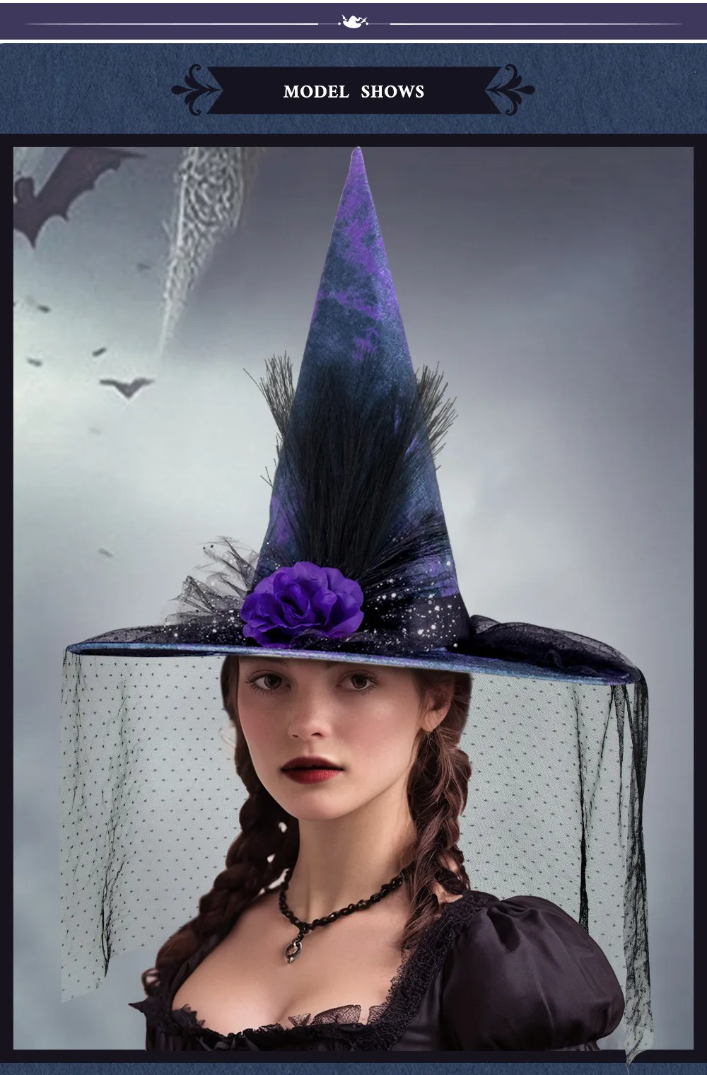 Halloween Baroque Gothic Net Witch Hat Fake Flower Queen Costume Accessory Elegant Festival Witch Hat Handmade Cloth Material display picture 7