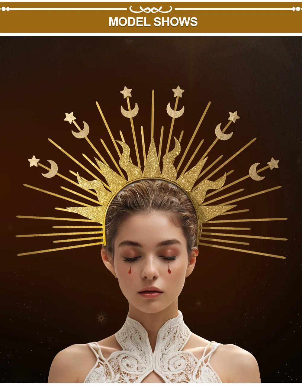 Golden Goddess Sun Moon Star Combination Hair Accessories  Style Fashion Show Role Costume Props display picture 8